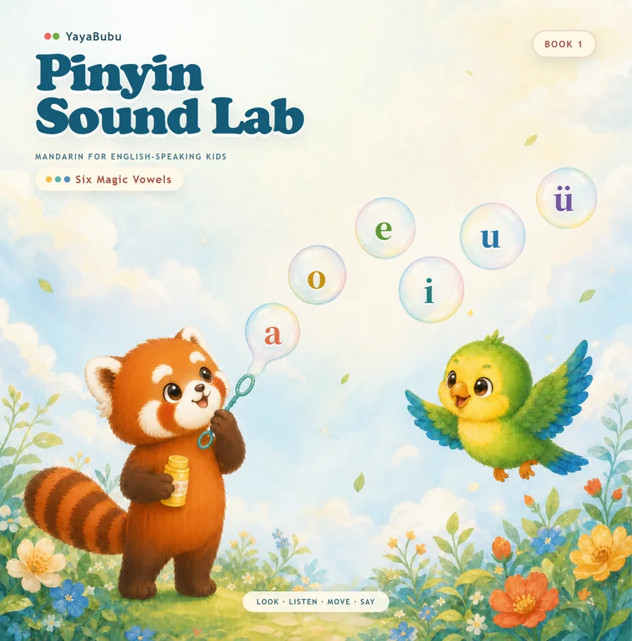 Pinyin Sound Lab Book 1 cover with Yaya blowing six vowel bubbles and Bubu flying nearby